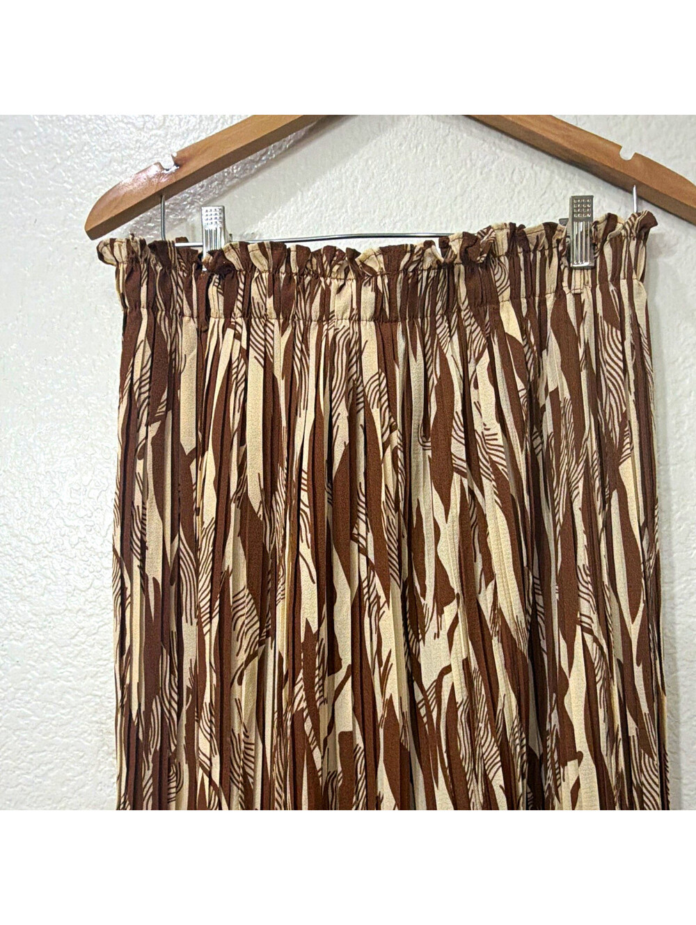 Alice Blue Women’s Pants – XL Brown/Beige Abstract Pleated Wide-Leg Elastic